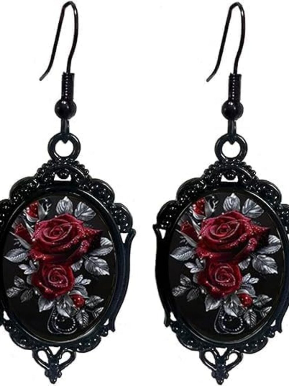 Women's Black Vintage Crystal Glass Flower Drop Dark Punk Style Rose Earring - Picture 2 of 5